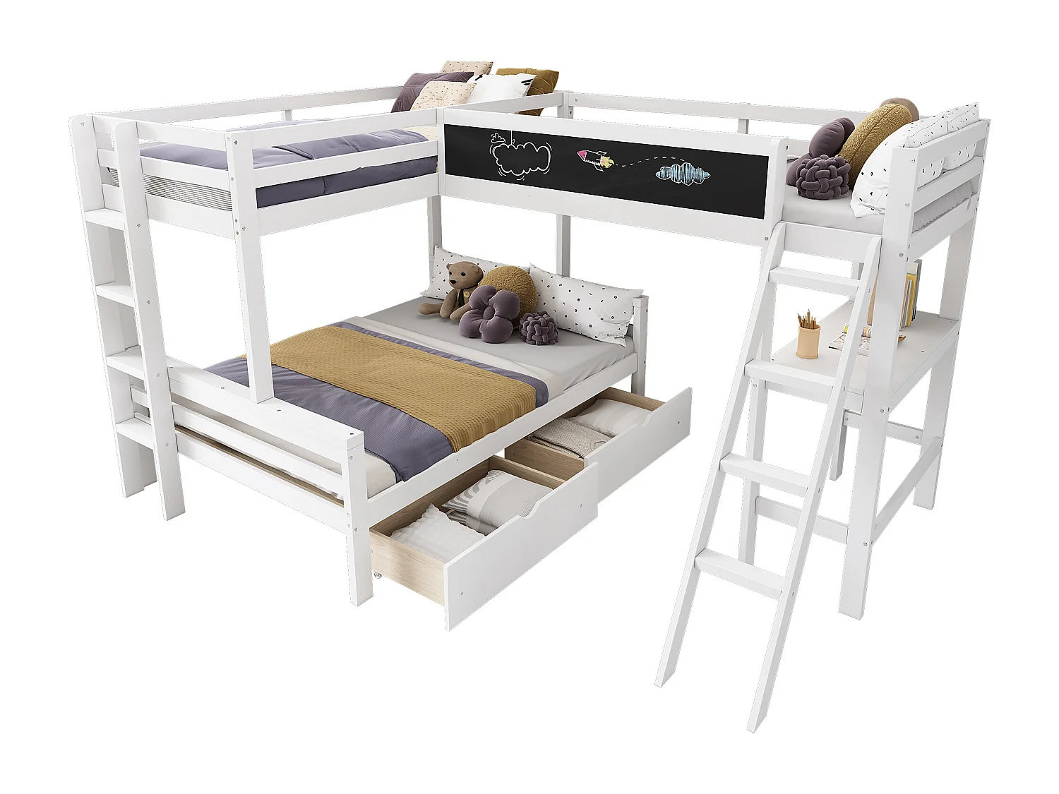 Lit superposé pour enfants avec tiroirs et bureau, lit triple en bois de pin, avec étagère, 140x200 cm1 + 90x200 cm2, blanc, sans matelas