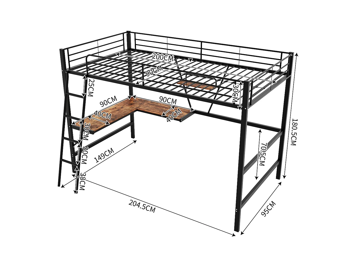 90x200cm cadre de lit lit lit en métal, lit mezzanine avec table en l et étagères pour enfants, adolescents et adultes, noir