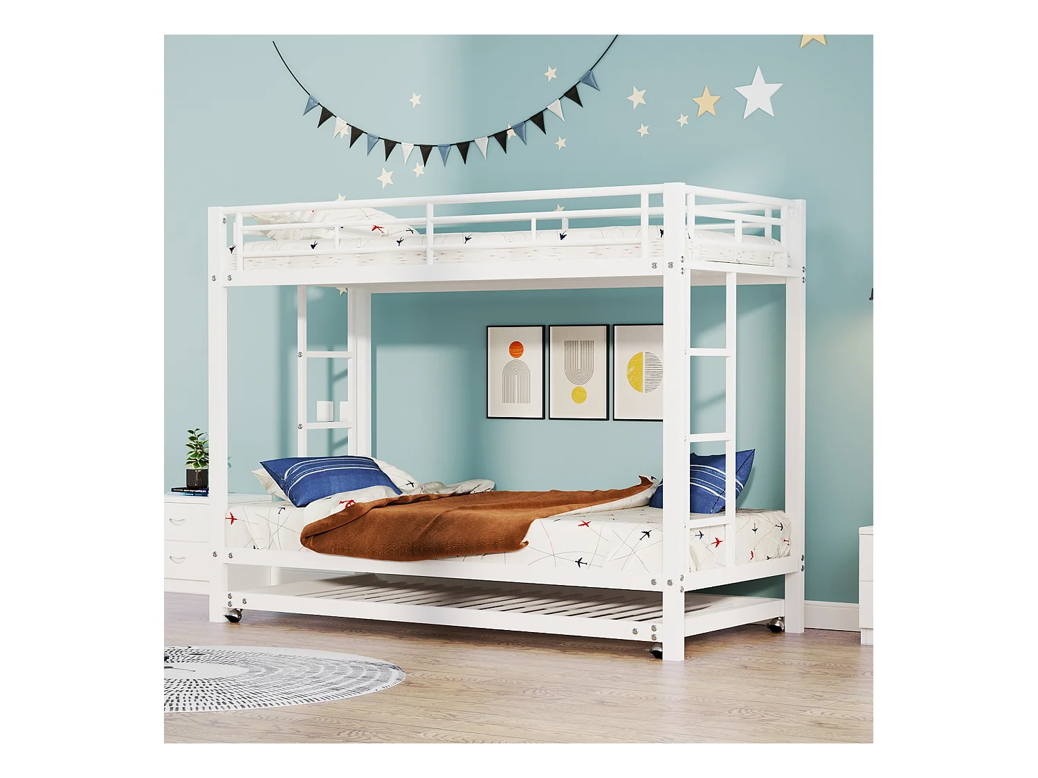 90*200 cm Lit superposé, lit en fer, lit pour enfant, équipé d'un lit escamotable, garde-corps hauts, structure robuste, blanc