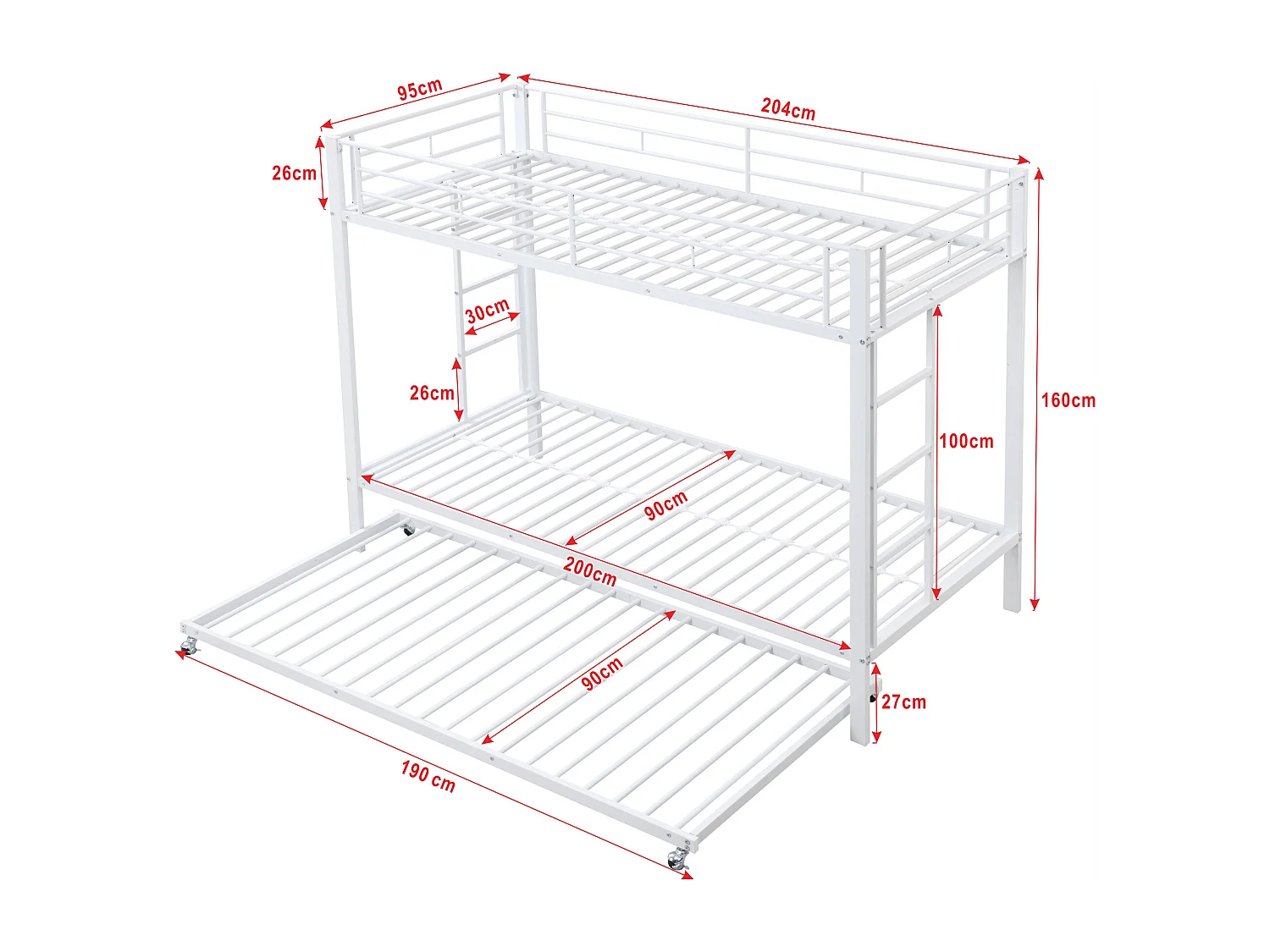 Beliche 90x200 cm, cama de ferro, cama de criança, equipada com cama dobrável, grades altas, estrutura resistente, branco