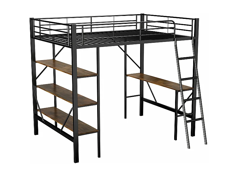 Letto a castello in metallo con struttura 90x200cm, tavolo e tre grandi ripiani, nero