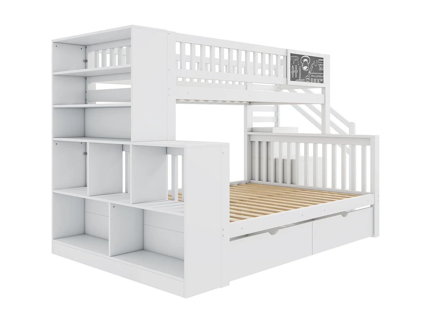 Beliche infantil com painel de grafite, beliche de casal com gavetas, multifuncional, cama de cabine, 140x200 cm e 90x200 cm, branco, sem colchão