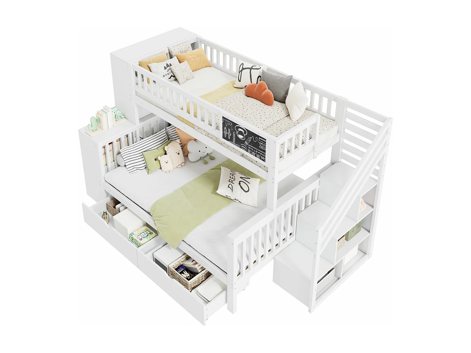 Beliche infantil com painel de grafite, beliche de casal com gavetas, multifuncional, cama de cabine, 140x200 cm e 90x200 cm, branco, sem colchão