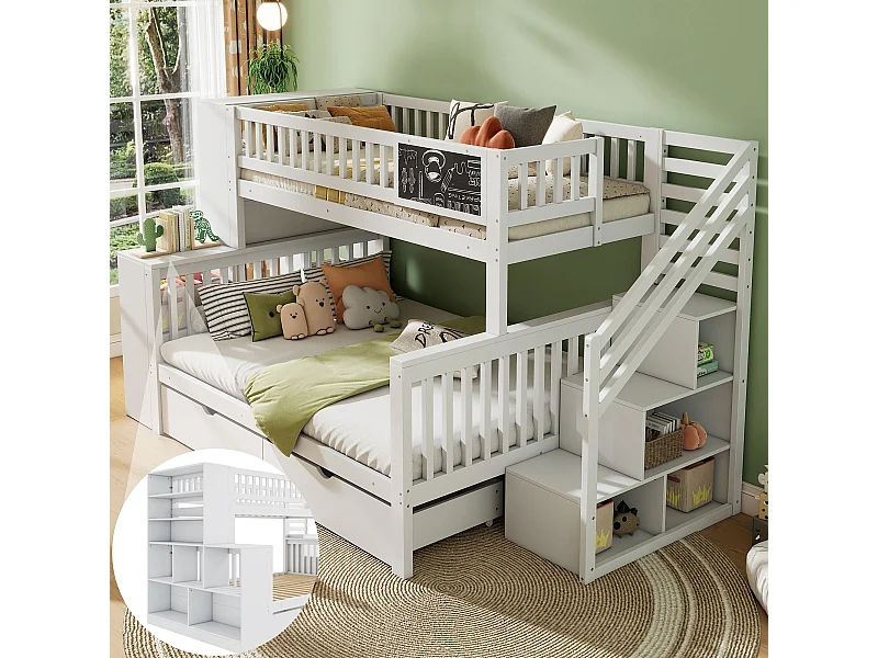 Beliche infantil com painel de grafite, beliche de casal com gavetas, multifuncional, cama de cabine, 140x200 cm e 90x200 cm, branco, sem colchão