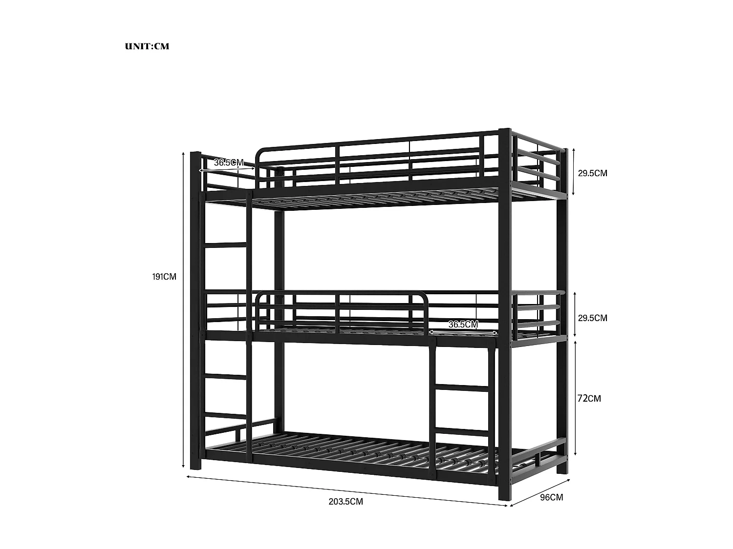 Struttura letto in metallo 90x200cm con letti a castello per bambini, adolescenti e adulti, nero