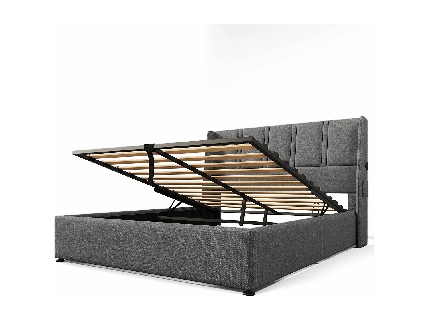 Lit simple hydraulique 140x200cm, lit de rangement, port de charge USB/Type-C, lin, gris