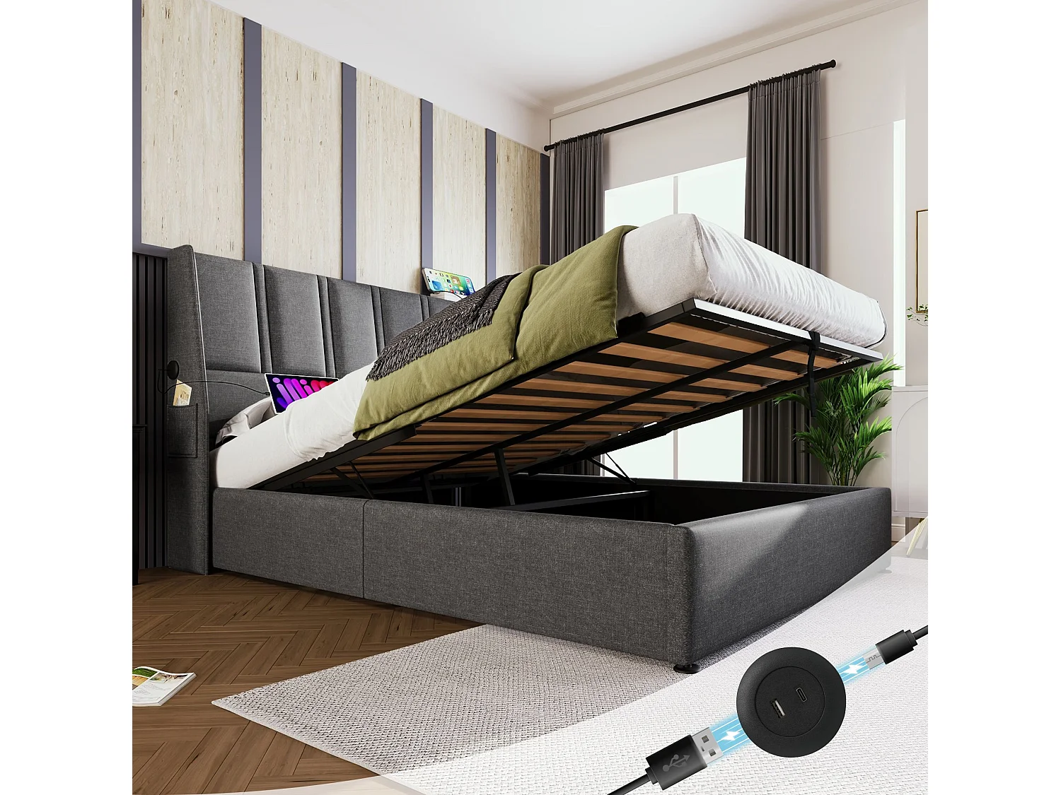 Lit simple hydraulique 140x200cm, lit de rangement, port de charge USB/Type-C, lin, gris