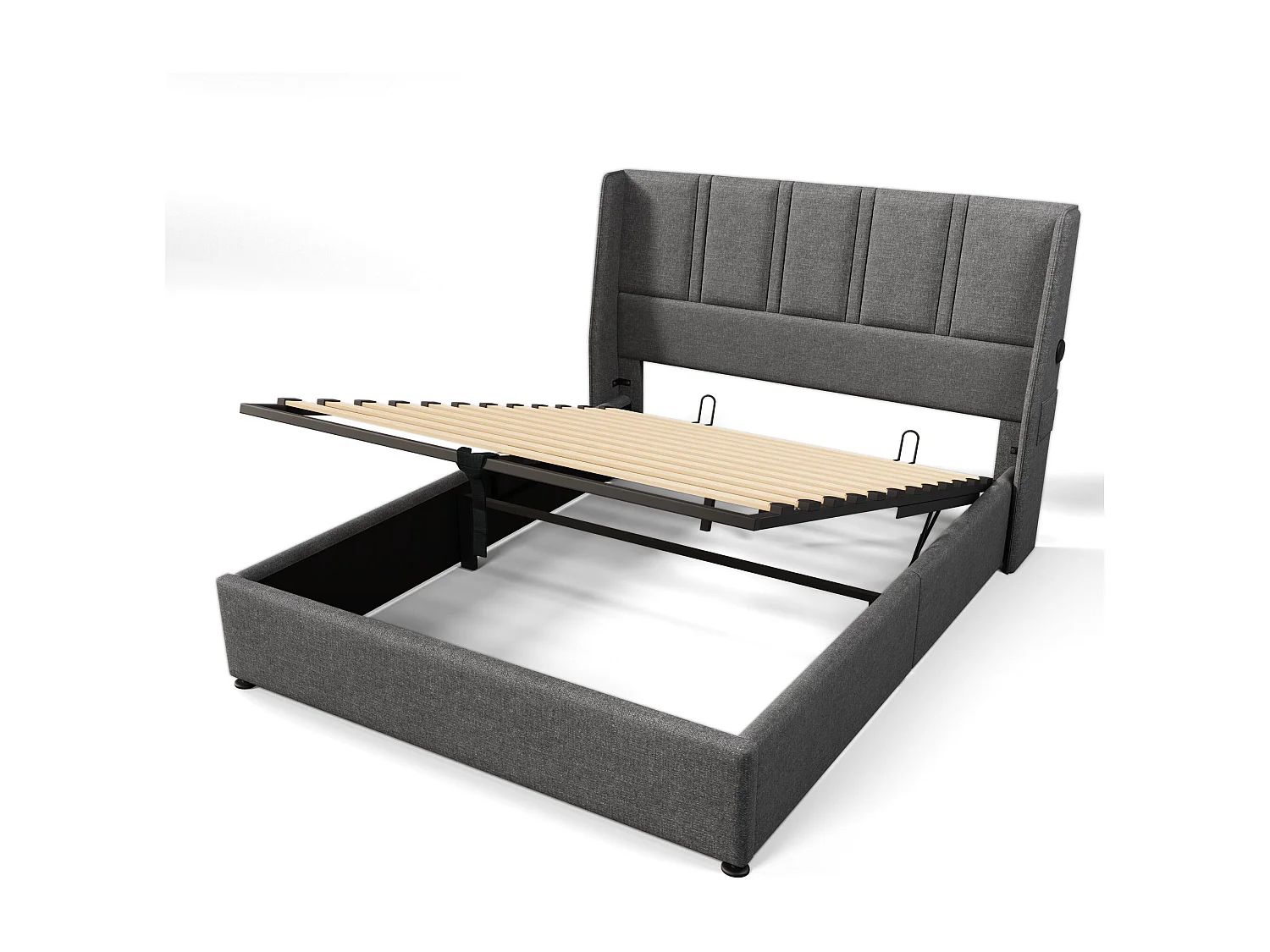 Lit simple hydraulique 140x200cm, lit de rangement, port de charge USB/Type-C, lin, gris