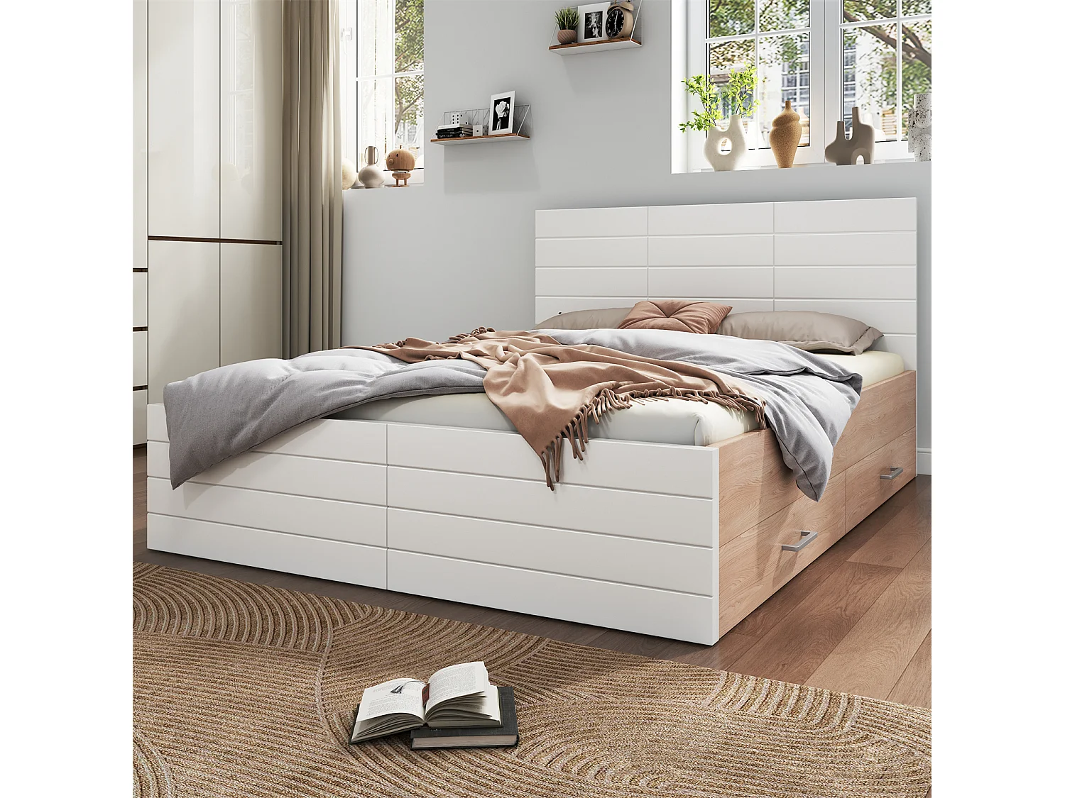 Lit en bois rembourré Ensemble de lit avec 2 tiroirs,Lit de rangement,Lit moderne avec sommier et matelas,Sans matelas,Lit double 160×200cm,Chêne/Blanc