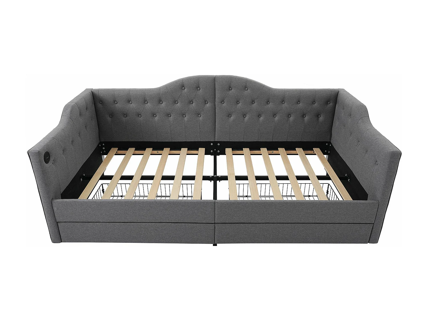 Lit rembourré, canapé - lit, lit de rangement 90x200cm, cadre de lit avec fonction de chargement USB type C et 2 tiroirs, Lin gris (sans matelas)