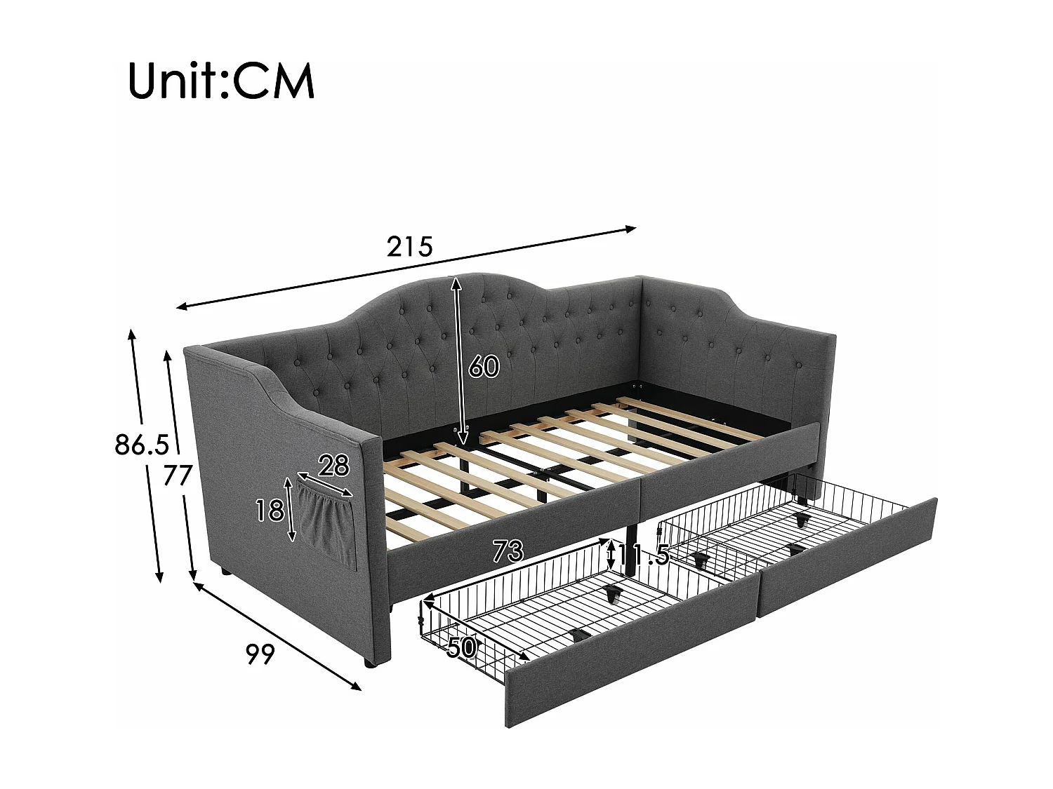Lit rembourré, canapé - lit, lit de rangement 90x200cm, cadre de lit avec fonction de chargement USB type C et 2 tiroirs, Lin gris (sans matelas)