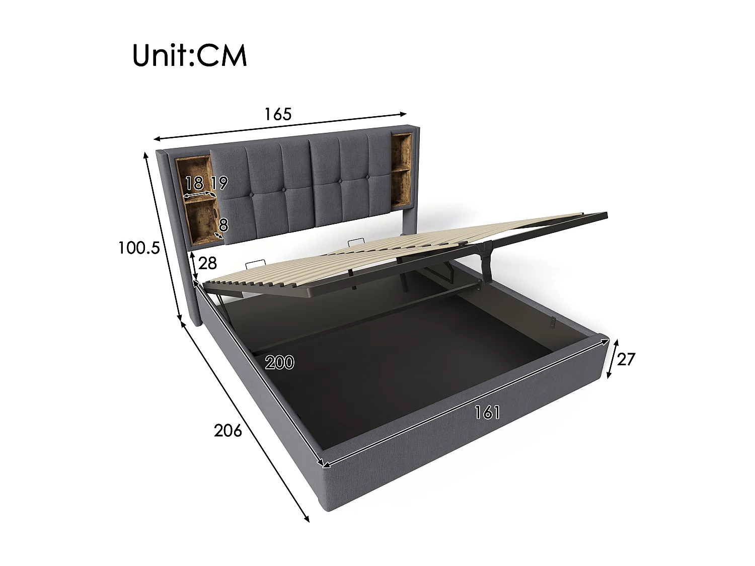 Lit adulte, lit double capitonné 160x200 cm, avec espace de rangement et recharge sans fil USB C, coton gris (matelas non inclus)