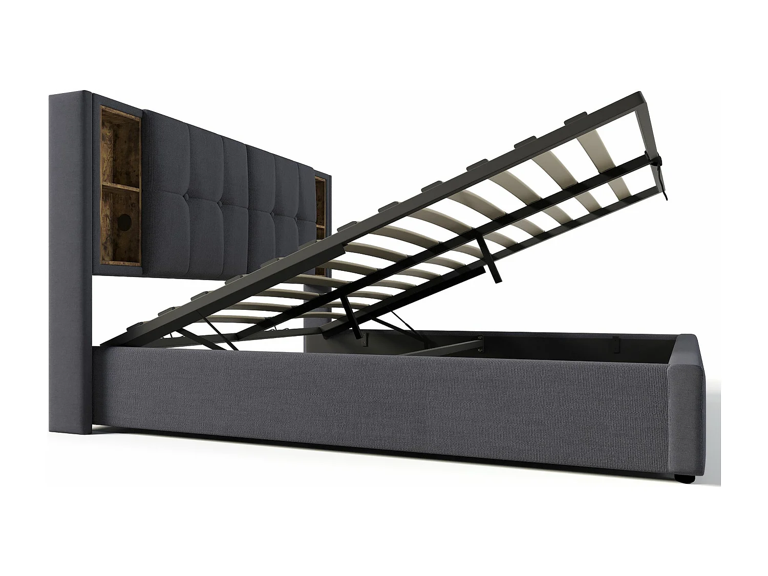 Lit adulte, lit double capitonné 160x200 cm, avec espace de rangement et recharge sans fil USB C, coton gris (matelas non inclus)