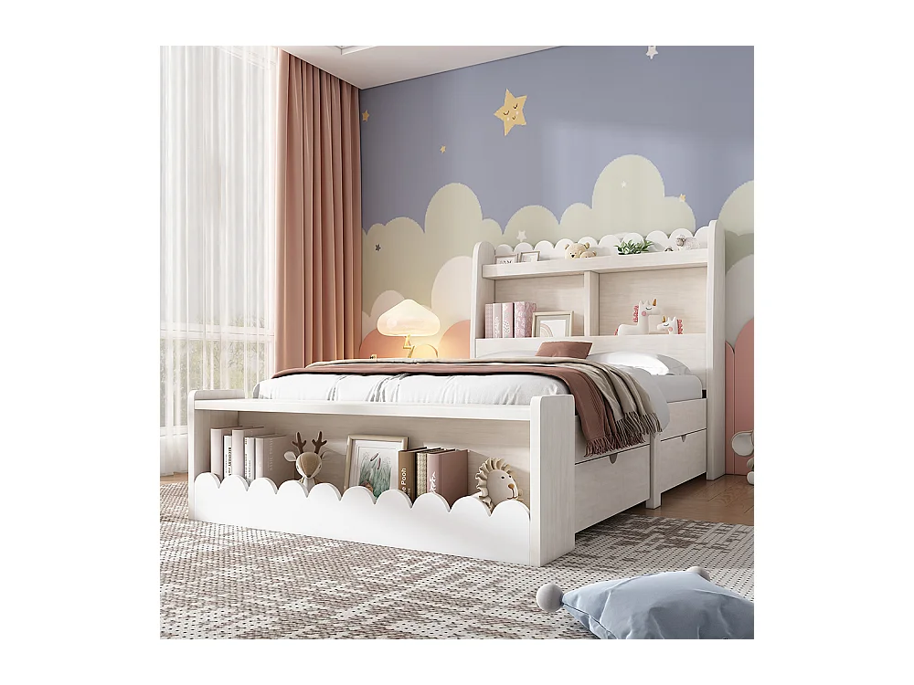 Lit d'enfant avec rangement, lit avec tiroirs, cadre de lit et sommier à lattes en bois, lit simple 90x200, Blanc avec couleur chêne, sans matelas