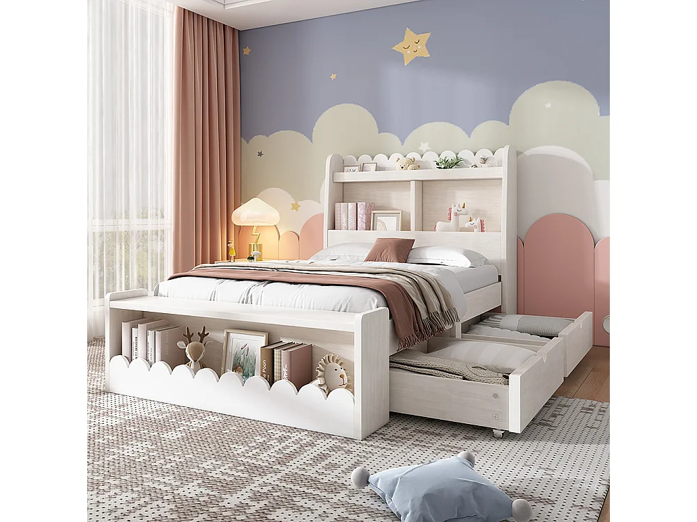 Cama infantil com armários, cama com gavetas, estrado e base de ripas de madeira, cama de solteiro 90x200, branca com cor carvalho, sem colchão