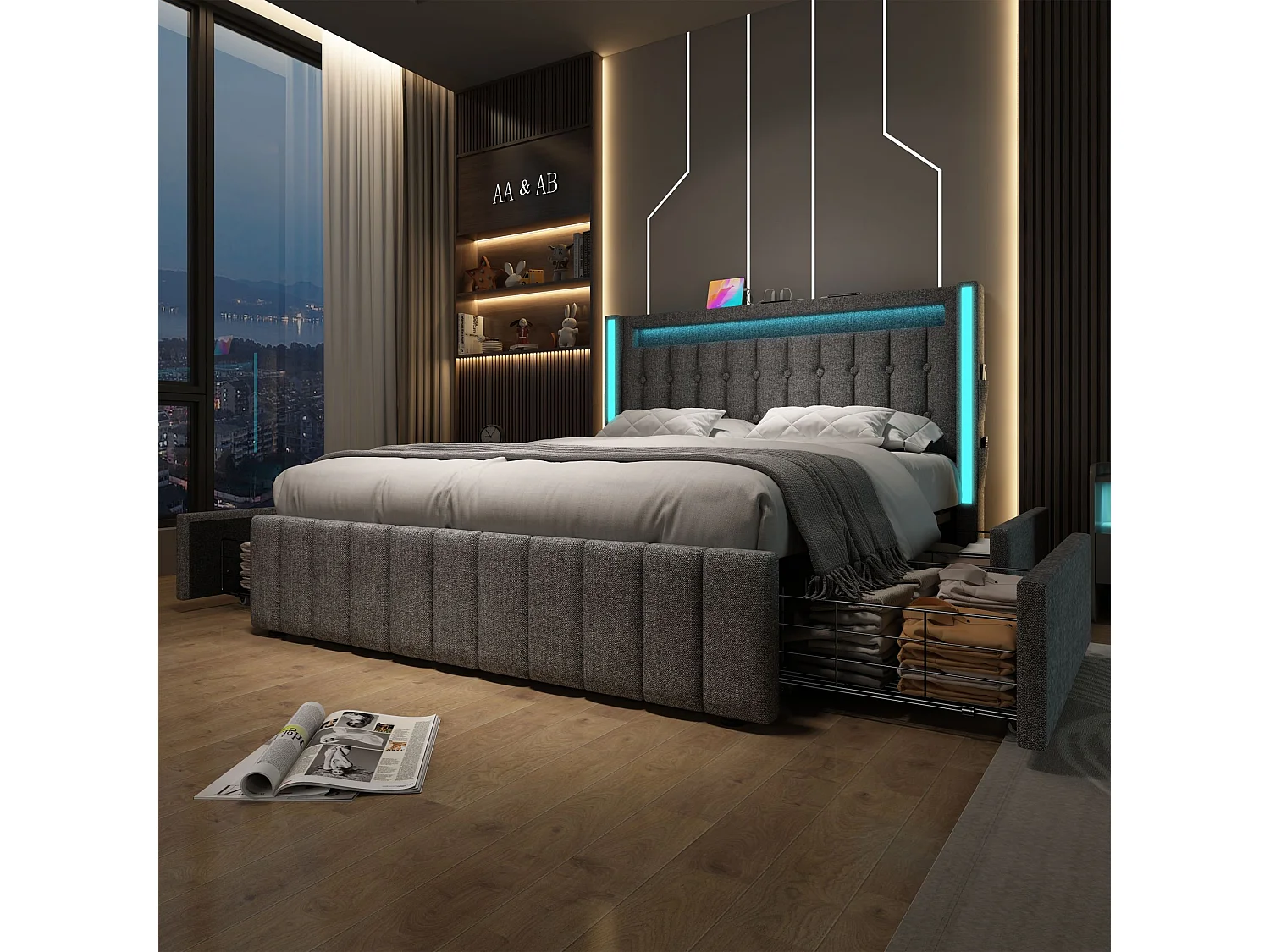 Lit d'adulte, rembourré double avec chargeur USB Type C, éclairage LED et 4 tiroirs, 140x200 cm, gris (sans matelas)