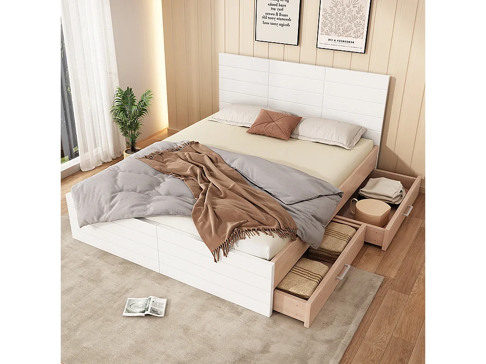Lit rembourré en bois Ensemble de lit avec 2 tiroirs,Lit de rangement,Lit moderne avec sommier et matelas,Sans matelas,Lit double 180×200cm,Chêne/blanc