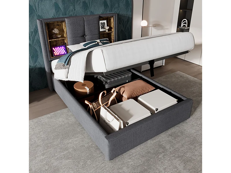 Lit adulte, lit simple rembourré 90x200 cm, avec espace de rangement et recharge sans fil USB C, bois de coton gris (matelas non inclus)