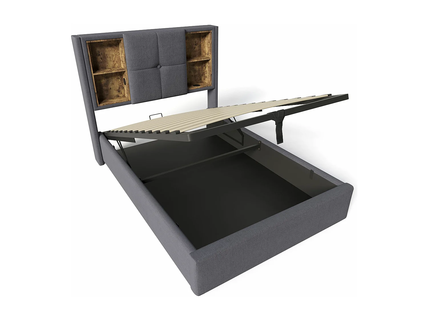 Lit adulte, lit simple rembourré 90x200 cm, avec espace de rangement et recharge sans fil USB C, bois de coton gris (matelas non inclus)