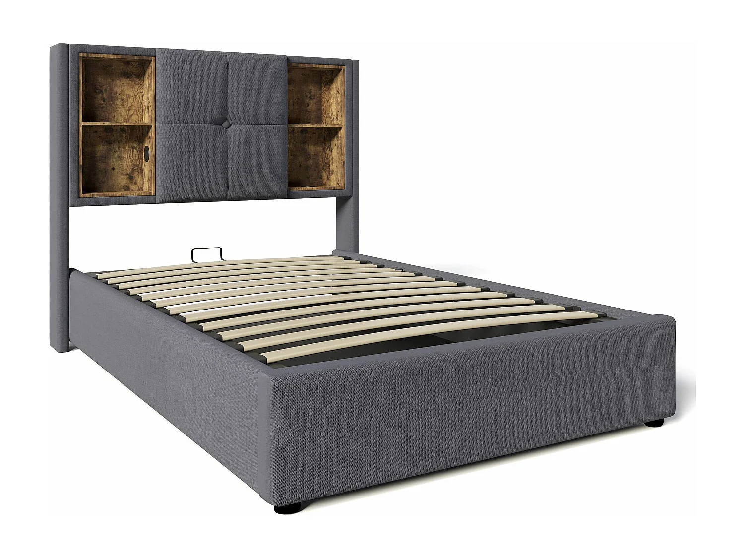 Lit adulte, lit simple rembourré 90x200 cm, avec espace de rangement et recharge sans fil USB C, bois de coton gris (matelas non inclus)