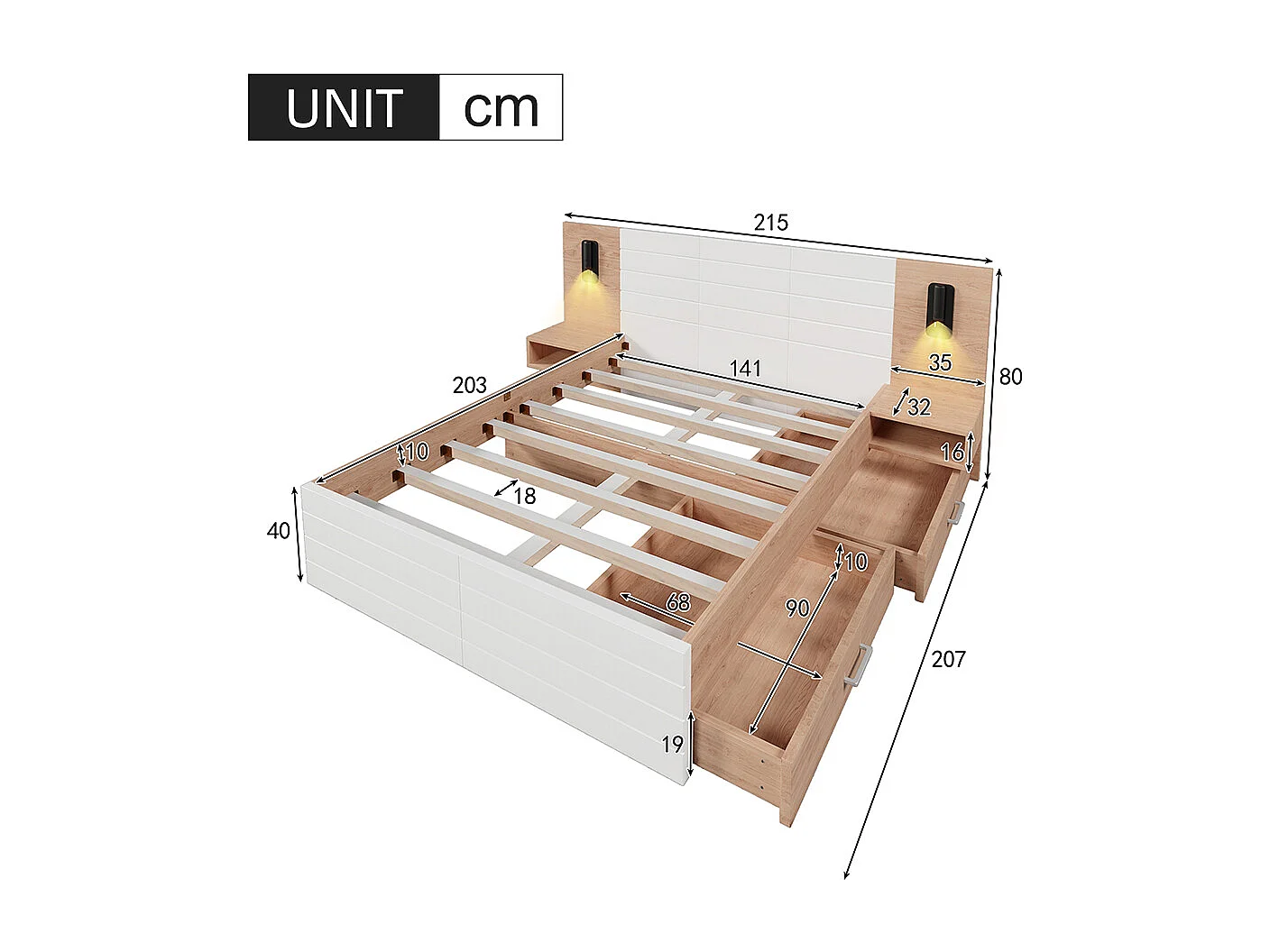 Lit double, lit en bois, 140 × 200 cm, avec 2 tiroirs, fonction de recharge USB, lampe de lecture, 2 tables de chevet, sommier à lattes, chêne/blanc, sans matelas