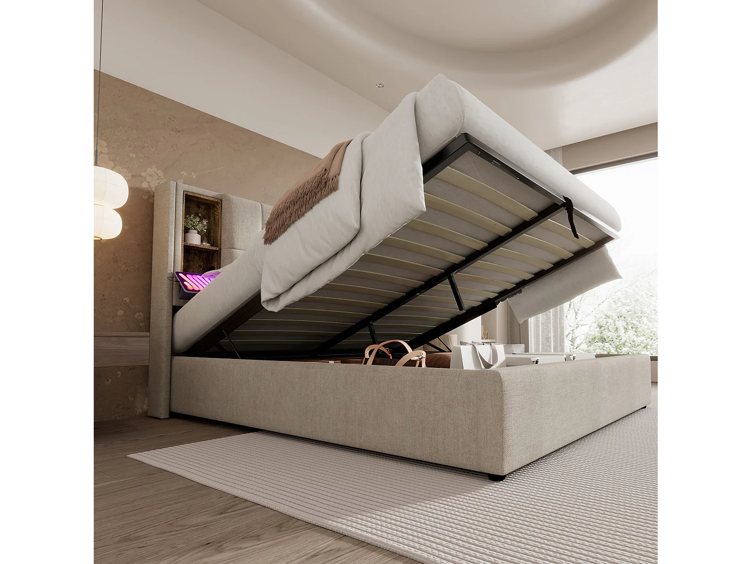 Lit adulte, 160x200 cm cadre de lit double capitonné avec espace de rangement et recharge sans fil USB C, cadre de lit en bois et lin naturel