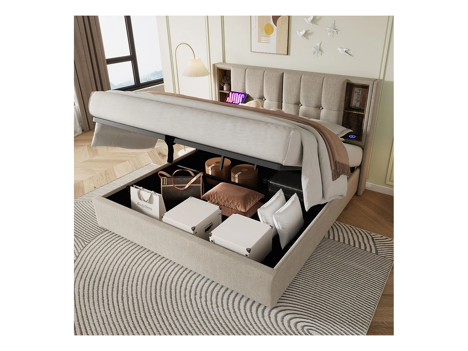 Lit adulte, 160x200 cm cadre de lit double capitonné avec espace de rangement et recharge sans fil USB C, cadre de lit en bois et lin naturel