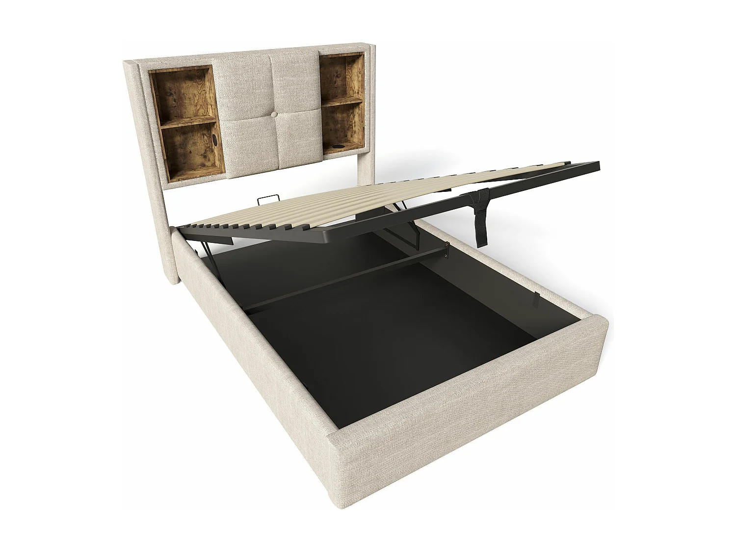 Lit adulte, Cadre de lit simple 90x200 cm, avec espace de rangement, avec recharge sans fil USB C, bois et lin naturel (matelas non inclus)