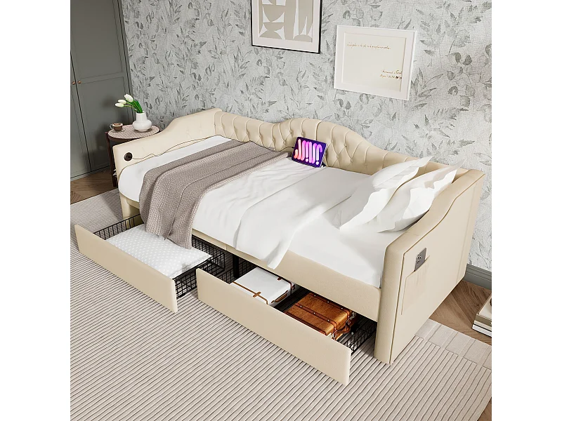 Lit rembourré, canapé-lit, cadre de lit de rangement avec chargeur USB Type C et 2 tiroirs 90x200 cm, tissu velours beige (matelas non inclus)