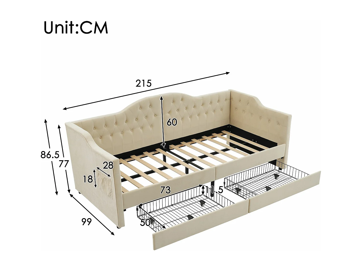 Lit rembourré, canapé-lit, cadre de lit de rangement avec chargeur USB Type C et 2 tiroirs 90x200 cm, tissu velours beige (matelas non inclus)