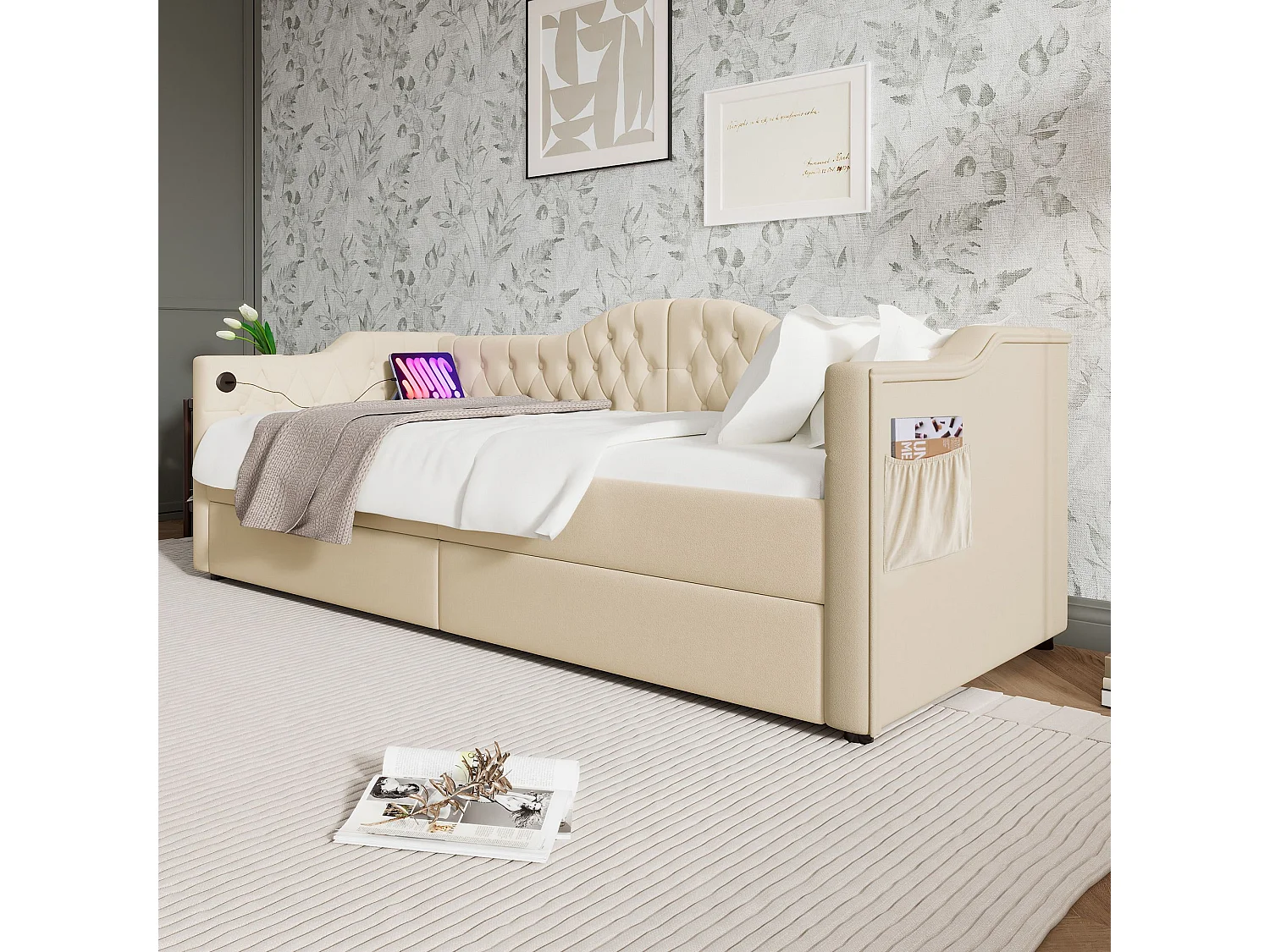 Lit rembourré, canapé-lit, cadre de lit de rangement avec chargeur USB Type C et 2 tiroirs 90x200 cm, tissu velours beige (matelas non inclus)