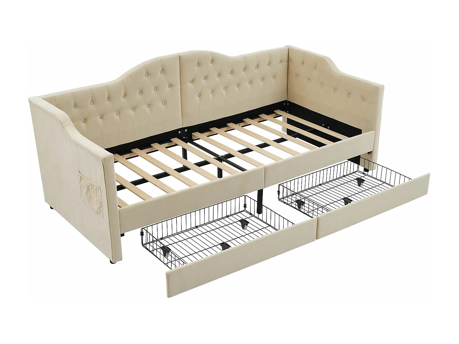 Lit rembourré, canapé-lit, cadre de lit de rangement avec chargeur USB Type C et 2 tiroirs 90x200 cm, tissu velours beige (matelas non inclus)