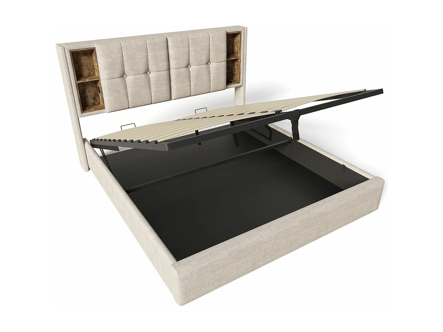 Lit adulte, cadre de lit double rembourré 180x200 cm, avec espace de rangement et recharge sans fil USB C, cadre de lit en bois et lin naturel