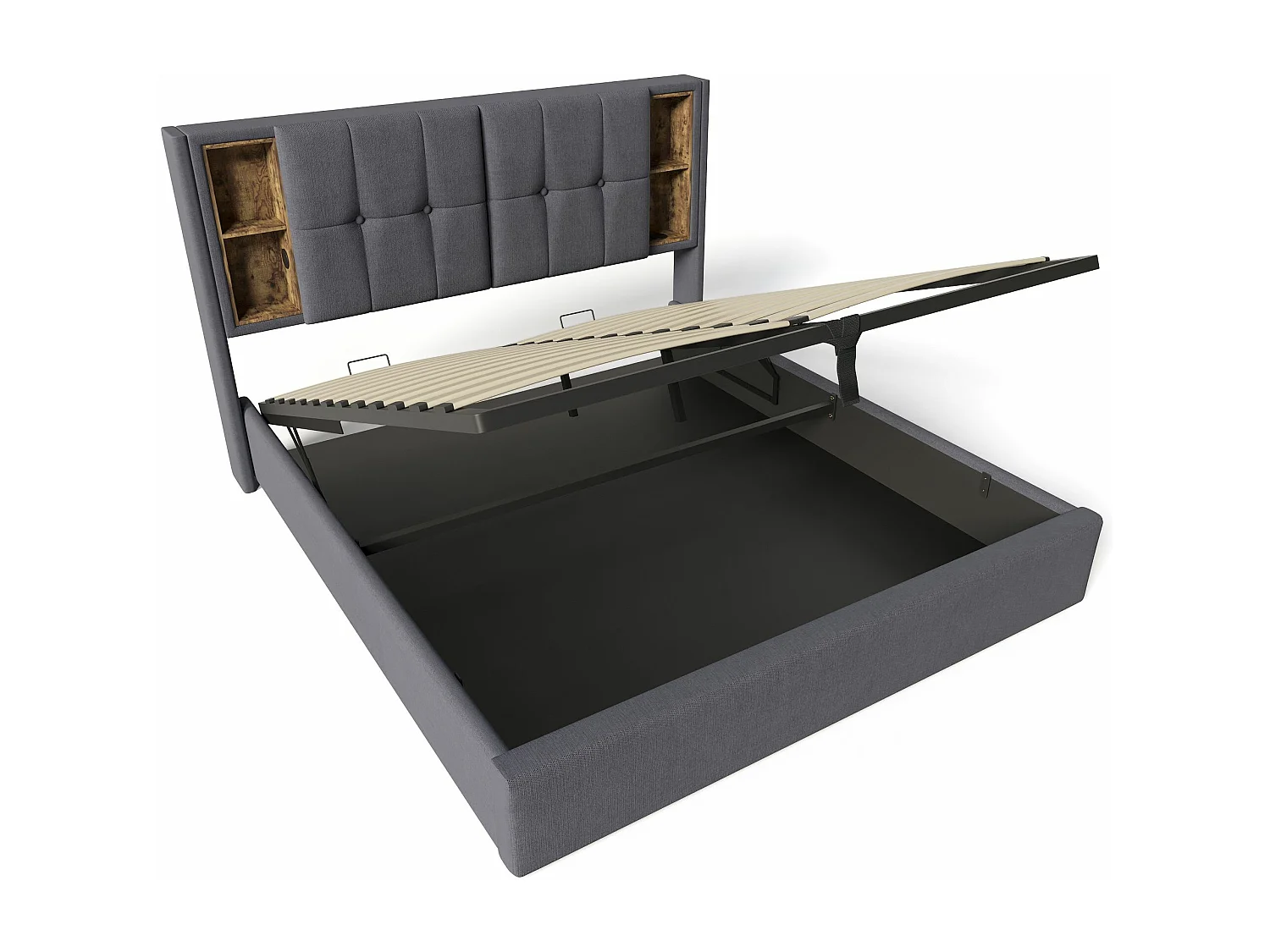 Lit adulte, lit double rembourré 140x200cm avec espace de rangement et recharge sans fil USB C, coton gris (matelas non inclus)