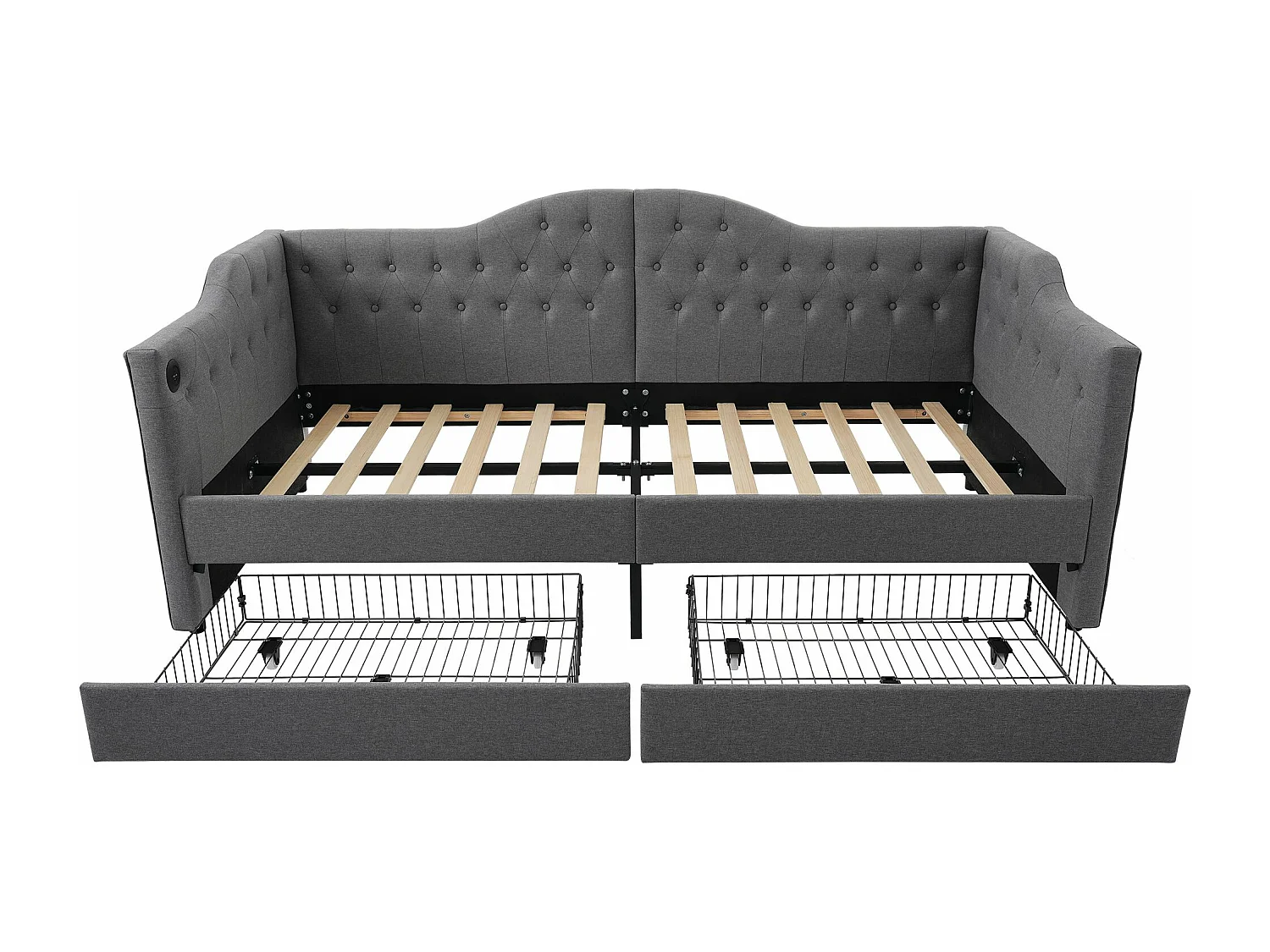 Lit rembourré, canapé-lit, lit de rangement, cadre de lit avec fonction de recharge USB Type C et 2 tiroirs 90x190 cm, lin gris (matelas non inclus)