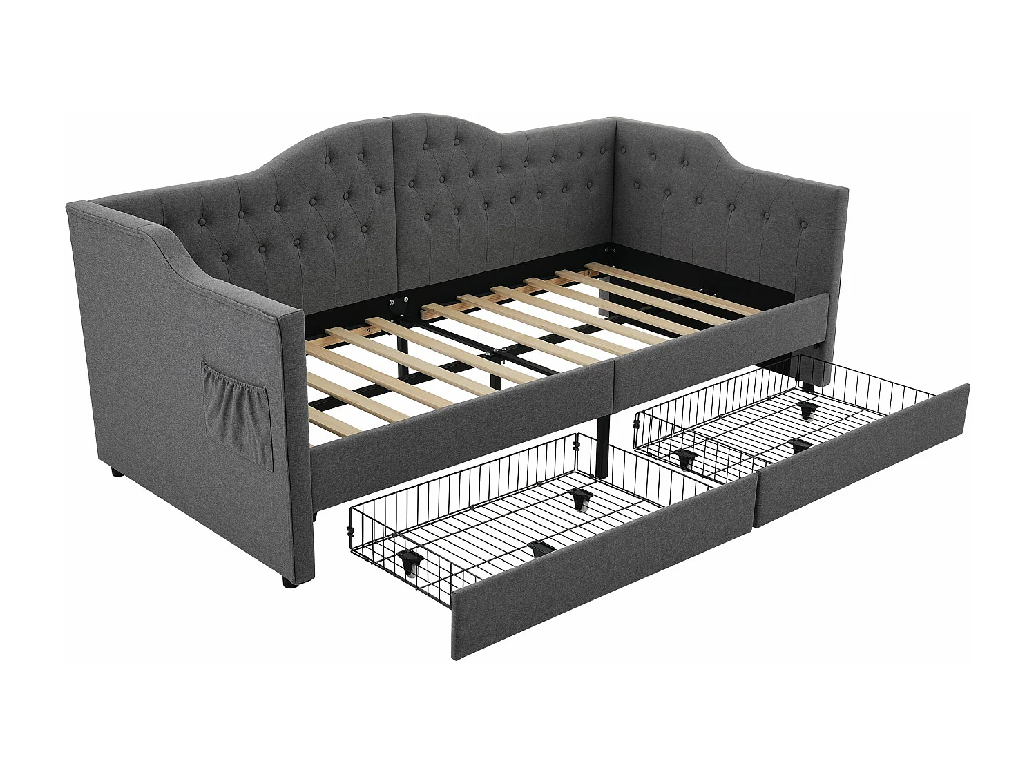 Lit rembourré, canapé-lit, lit de rangement, cadre de lit avec fonction de recharge USB Type C et 2 tiroirs 90x190 cm, lin gris (matelas non inclus)