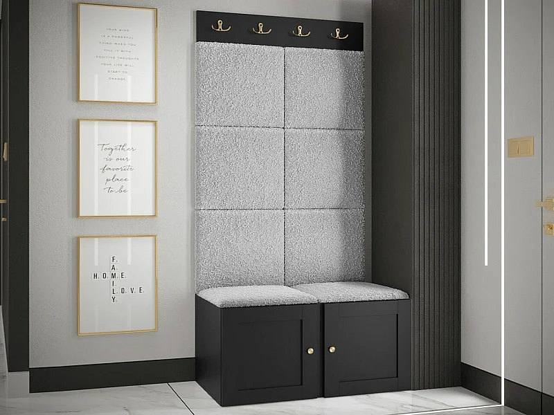 Meuble d'entrée Hartford 375, 186x84x46cm, Gris clair|Noir, Tissu|MDF|Stratifié