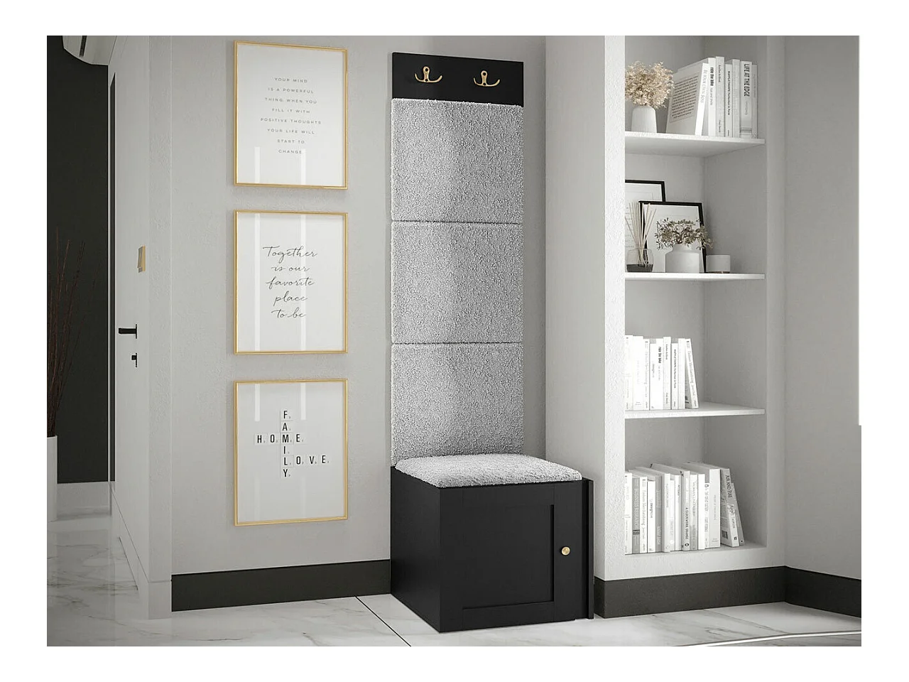 Meuble d'entrée Hartford 378, 186x42x46cm, Gris clair|Noir, Stratifié|Tapisserie|MDF