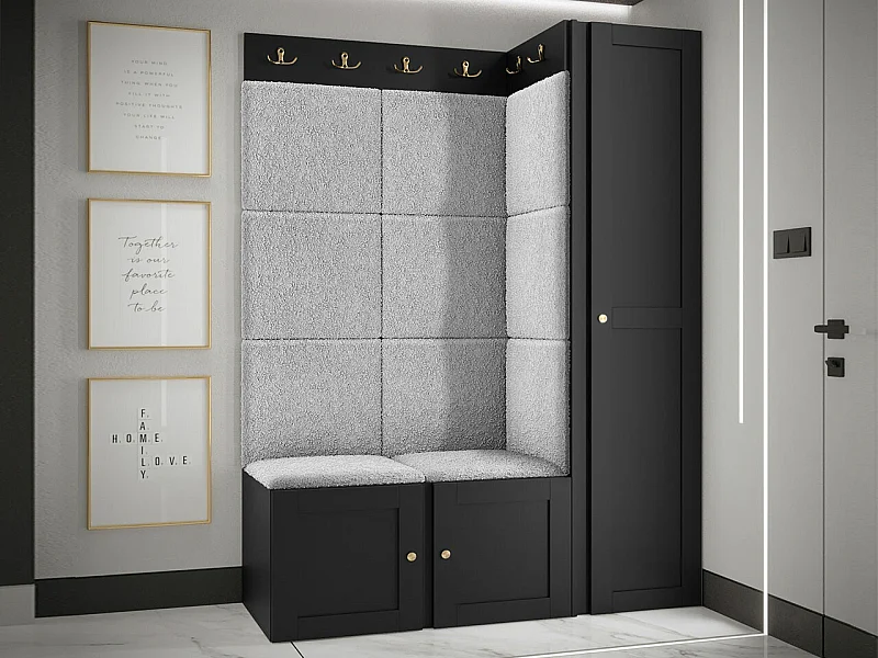 Meuble d'entrée Hartford 377, 186x124x46cm, Gris clair|Noir, Stratifié|Tissu|MDF