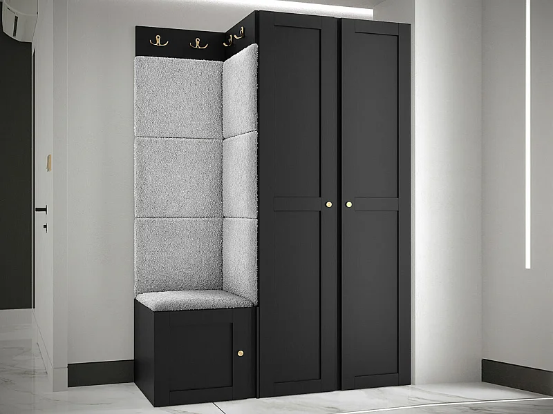 Meuble d'entrée Hartford 379, 186x116x46cm, Noir|Gris clair, Tissu|MDF|Stratifié