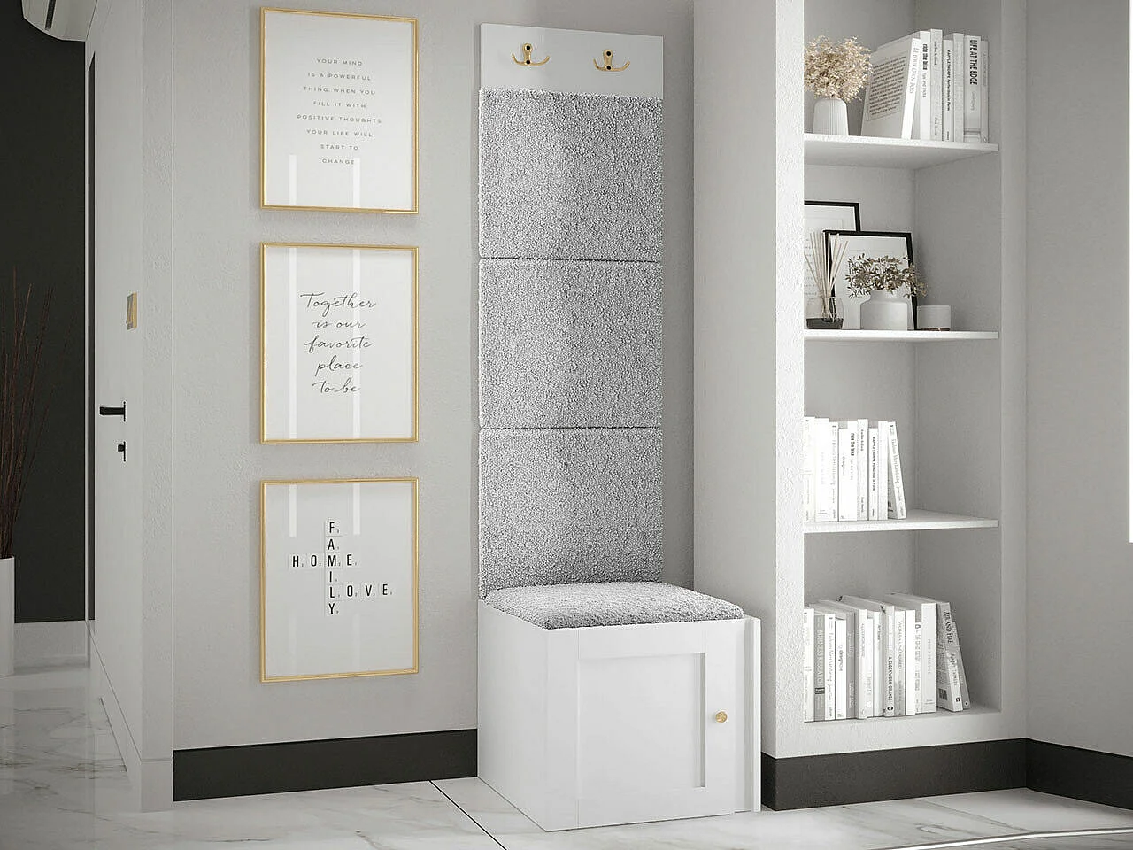 Meuble d'entrée Hartford 378, 186x42x46cm, Blanc|Gris clair, MDF|Stratifié|Tissu