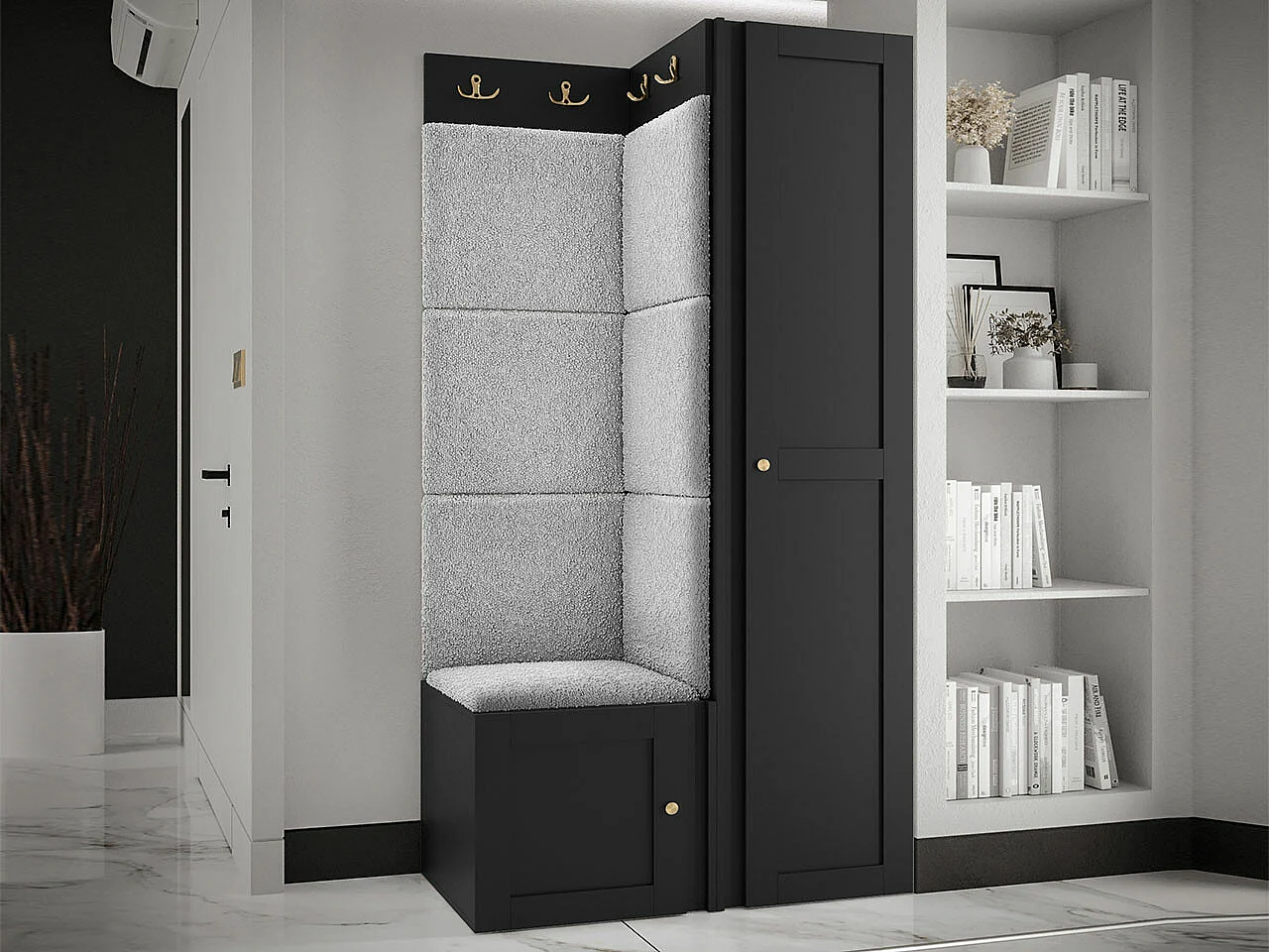 Meuble d'entrée Hartford 381, 186x82x46cm, Gris clair|Noir, MDF|Stratifié|Tissu