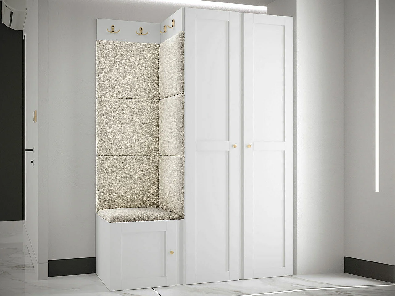 Meuble d'entrée Hartford 379, 186x116x46cm, Blanc|Brun clair, Tissu|MDF|Stratifié