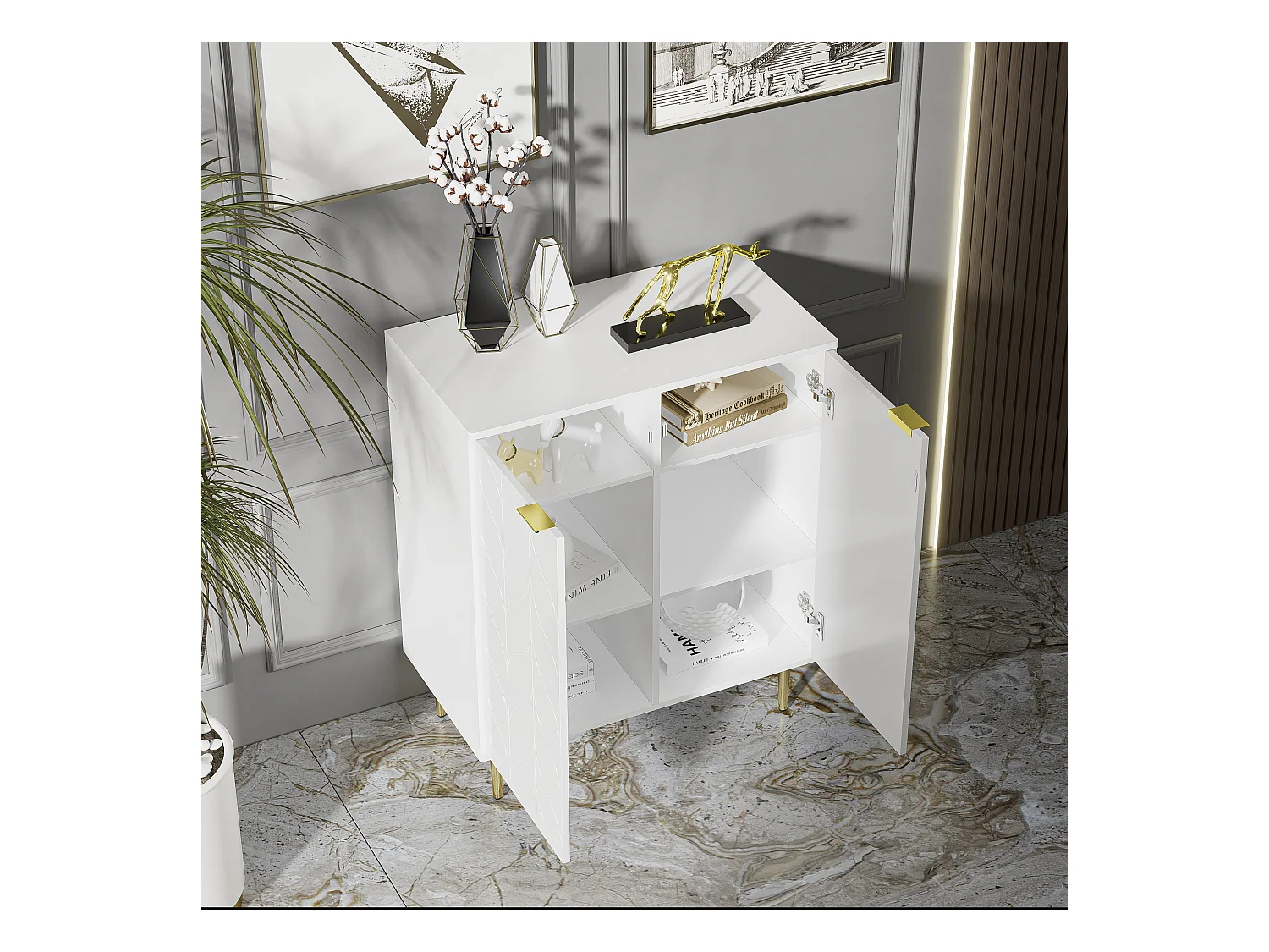 Buffet 2 portes, commode, design d'angle antichoc, 3 étagères, 6 compartiments, 75L*40P*90H, blanc