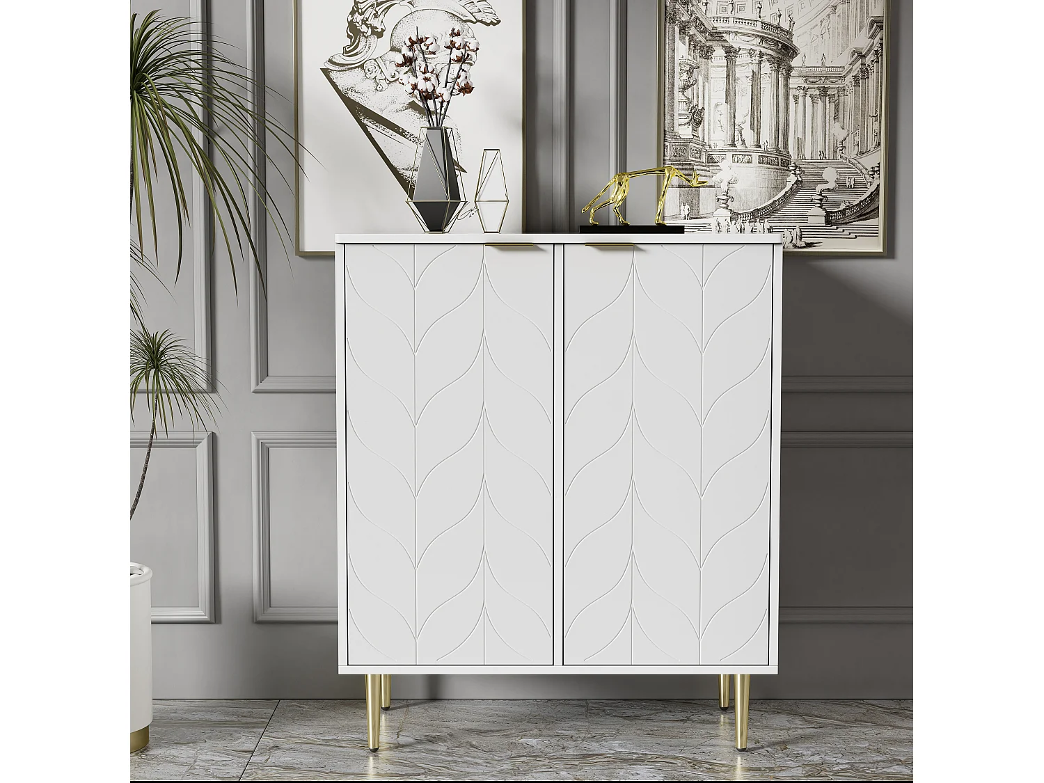 Credenza a 2 ante, cassettiera, design angolare antiurto, 3 ripiani, 6 scomparti, 75L*40P*90H, bianco