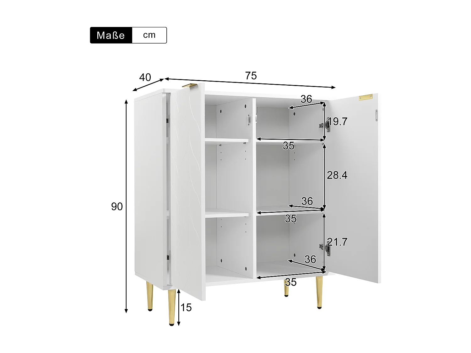 Credenza a 2 ante, cassettiera, design angolare antiurto, 3 ripiani, 6 scomparti, 75L*40P*90H, bianco