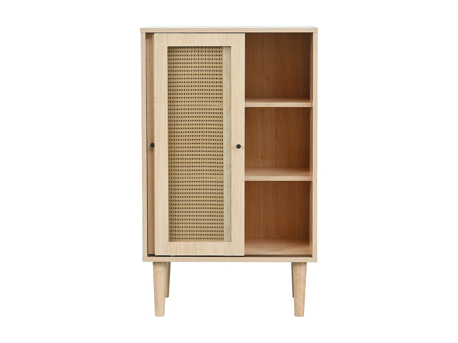 Buffet en bois de 100 cm de haut avec rotin en plastique et portes coulissantes en verre