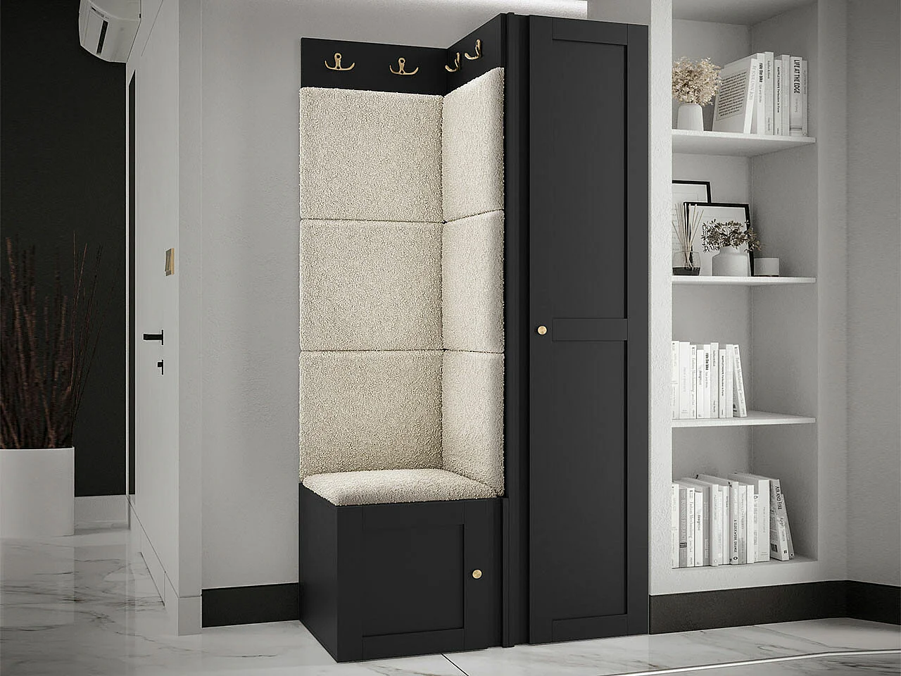 Meuble d'entrée Hartford 381, 186x82x46cm, Noir|Brun clair, Tissu|MDF|Stratifié