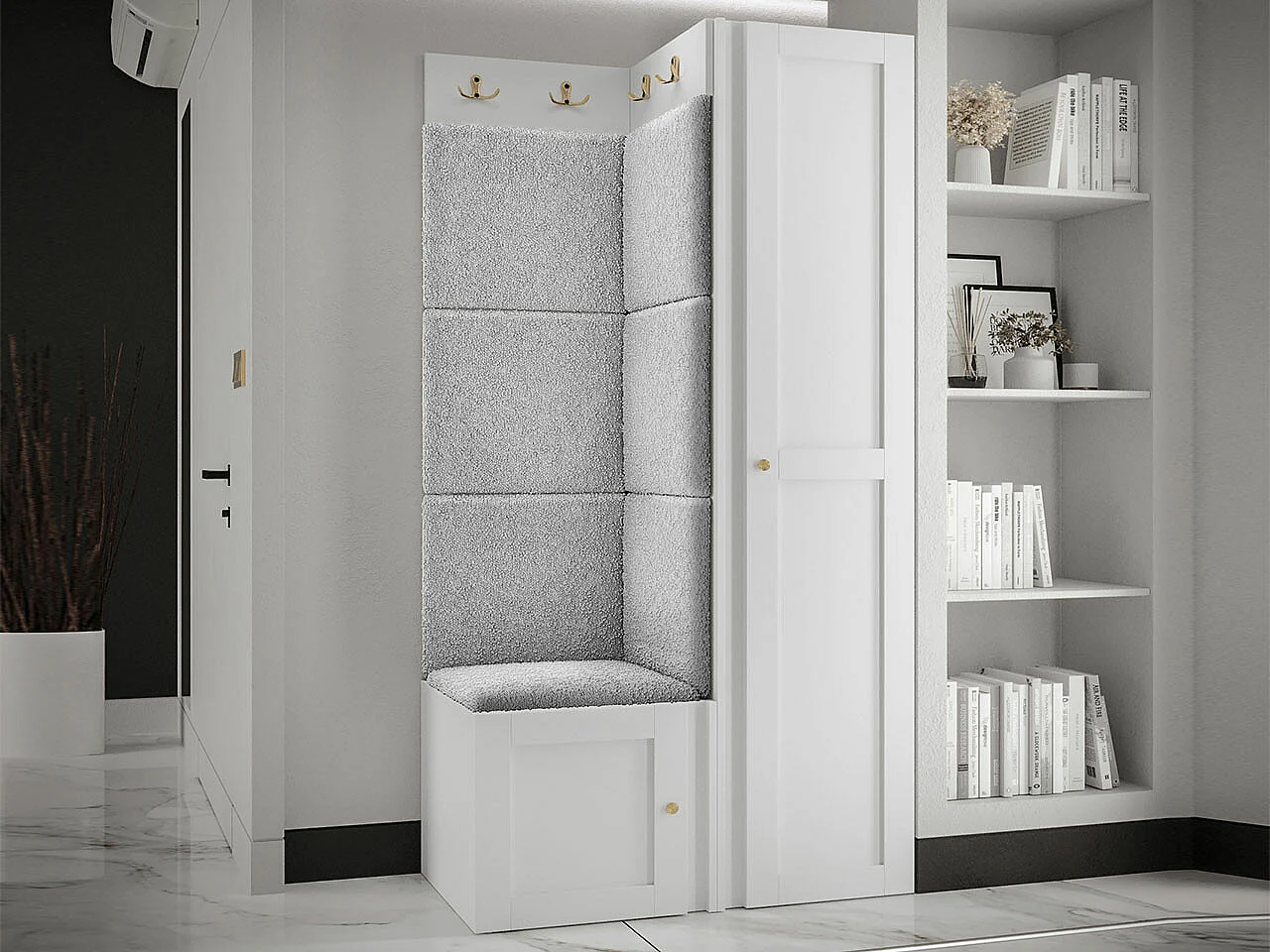 Meuble d'entrée Hartford 381, 186x82x46cm, Blanc|Gris clair, Tissu|MDF|Stratifié
