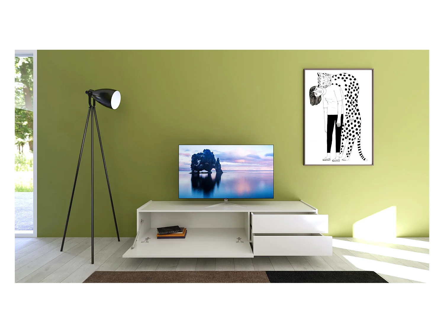 TV-Ständer 1 Klappe/2 Schubladen 160x42x40 cm Solaria glänzend weiß